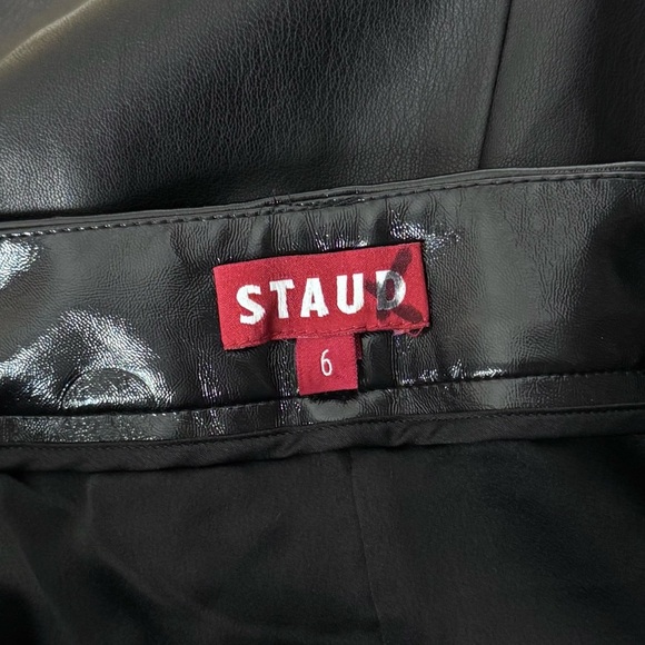 STAUD 70s Faux Leather High Waist Button Front Patent Trim Pocket Mini Skirt 6 - Picture 11 of 14
